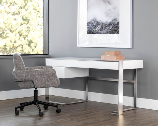 Sunpan Dalton Desk in High Gloss White and Stainless Steel Frame