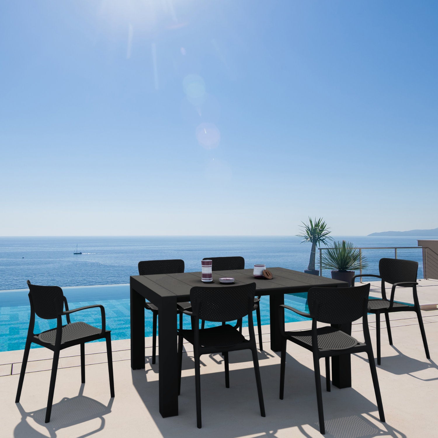 Compamia Loft Outdoor Dining Set with 6 Arm Chairs and 55 inch Extension Table Black/Dark Gray/Taupe/White
