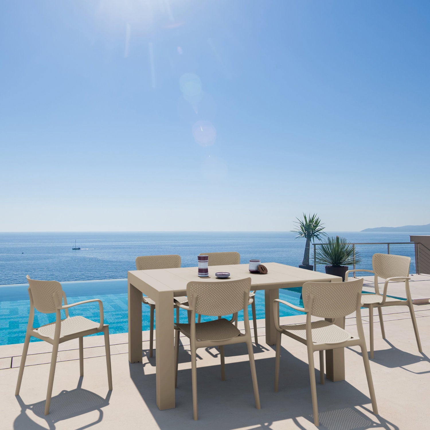 Compamia Loft Outdoor Dining Set with 6 Arm Chairs and 55 inch Extension Table Black/Dark Gray/Taupe/White