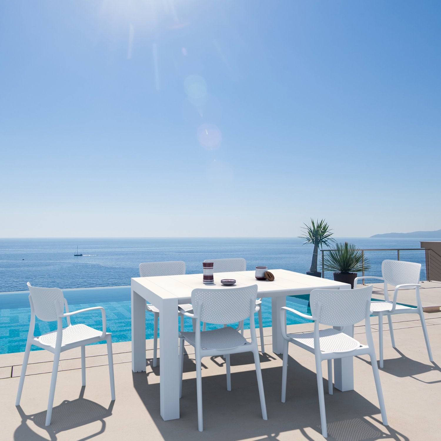 Compamia Loft Outdoor Dining Set with 6 Arm Chairs and 55 inch Extension Table Black/Dark Gray/Taupe/White