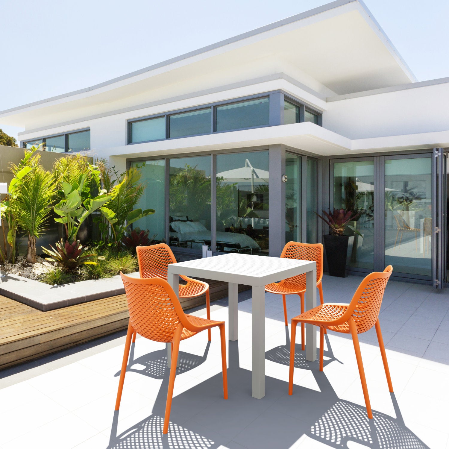 Compamia Air Mix Square Dining Set with White Table and 4 Taupe/Orange/Red/Tropical Geen/Yellow Chairs